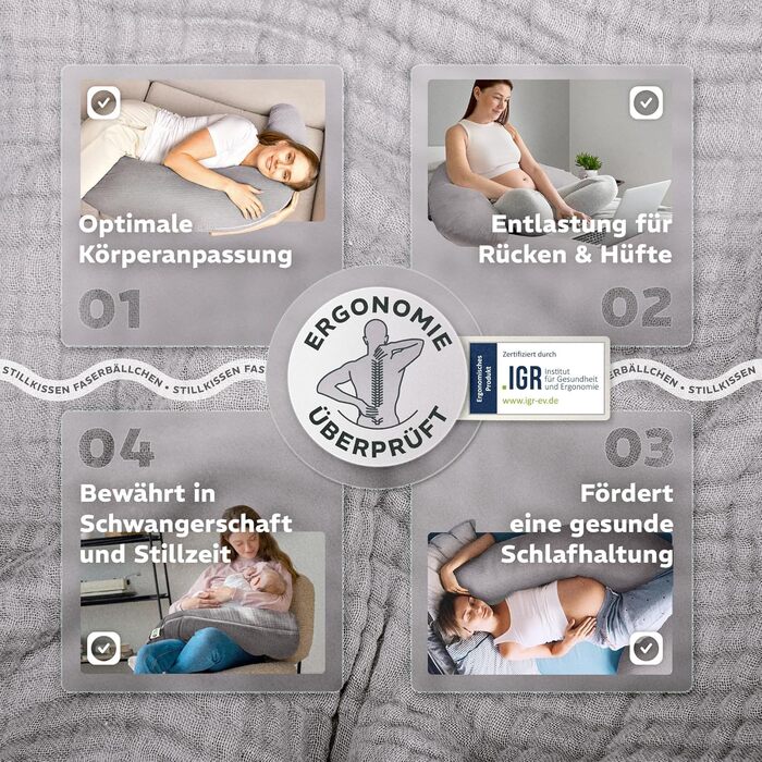 Подушка для вагітних та годування sei Design XXL (190x35 см), ергономічна подушка для сну з чохлом з біо-бавовни муслін, колір тауп