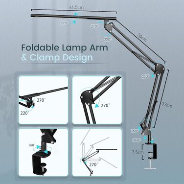 Настільна лампа затискна, лампа архітектора з QC3.0, 5 колірних режимів, функція пам'яті, чорний