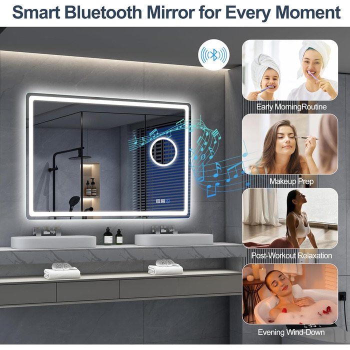 Дзеркало для ванної кімнати S'bagno Bluetooth з підсвічуванням 100x70 см, LED, антизапар, диммер, Bluetooth, HD скло, IP44, горизонтальне/вертикальне