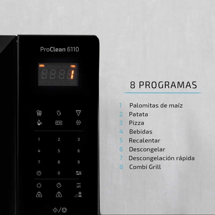 Мікрохвильова піч Cecotec Pro Clean 6110, 23 л, 800 Вт, гриль 1000 Вт, 8 програм, Ready 2 Clean, 3D Wave, чорна/срібляста нержавійка