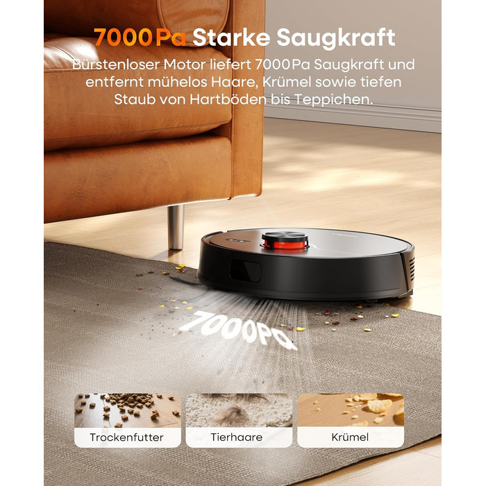 Робот-пилосос з функцією миття 7000Pa, з док-станцією для самостійного очищення, 180 хв роботи, LiDAR навігація, для прибирання шерсті тварин та килимів, керування через додаток, чорний