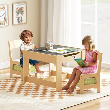 Дитячий меблевий набір GOPLUS 3 в 1: стіл та 2 стільці для дітей, дерев'яний, з місцем для зберігання, ідеально для дому, зелений