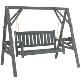 Двомісна садова гойдалка, дерев'яна лавка-гойдалка з полицями, тримачами для напоїв та металевими ланцюгами, сірого кольору