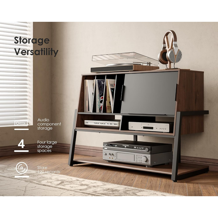 Стіл для програвача FITUEYES DESIGN з дерева, велика тумба Hi-Fi з висувною дверцятами, полиця для 120 платівок, вантажопідйомність 50 кг, серія Eiffel