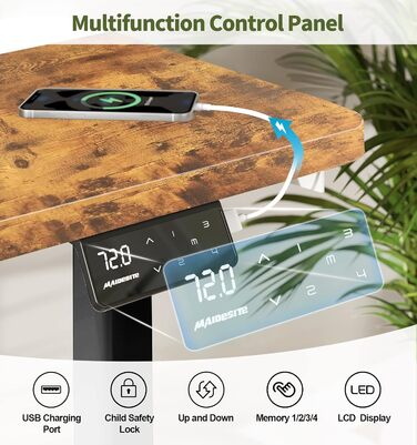 Регульований стіл MAIDeSITe S1 Pro: електричний підйом, LED-панель, 160x80 см, чорний каркас + vintage brown стільниця