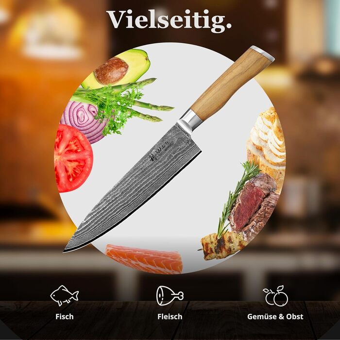 Ніж кухарський Wakoli з дамаської сталі (серцевина VG10) з 20 см лезом – гострий та збалансований – ніж з ручкою з оливкового дерева в подарунковій коробці – ніж кухонний з дамаської сталі для професіоналів та поціновувачів