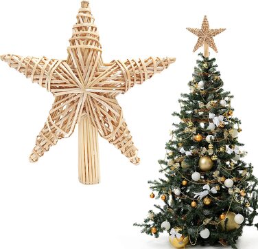 Верхівка для різдвяної ялинки BELLE VOUS (27 x 25 см) з натуральної соломи ручної роботи, Зірочка, мереживо для ялинки - 3D дизайн, Зірка, Різдвяна прикраса