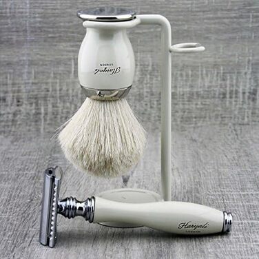 Безпечна бритва та чисто біла щітка для гоління - Набір для гоління для чоловіків - 3 шт. и Небезпечна бритва, щітка та підставка для гоління для прямих бритв та щіток Ідеально підходить для вологого гоління