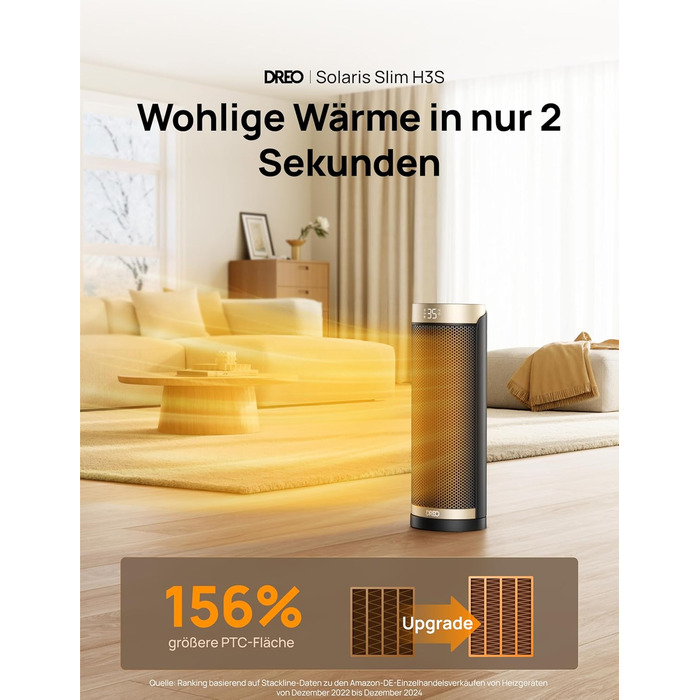 Електричний обігрівач Dreo Solaris Slim H3 з PTC-керамічним нагрівом, Wi-Fi, 3 режими, 3 швидкості, 12-годинний таймер, пульт дистанційного керування, захист від перегріву та перекидання