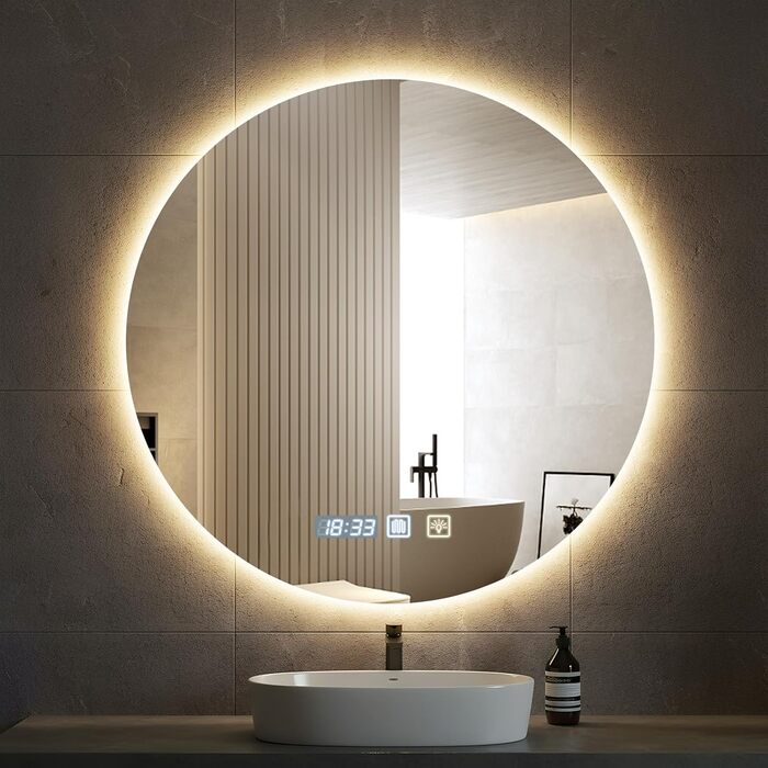 Дзеркало для ванної кімнати Bellanny LED з підсвічуванням 60 см | Настінне дзеркало для макіяжу, косметичне дзеркало | Дзеркало для макіяжу з сенсорним вимикачем, 3 кольори світла, регулювання яскравості, проти запотівання, IP44, кругле, горизонтальне/вер