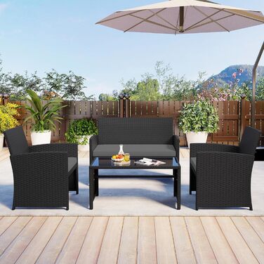 Садовий набір меблів COSTWAY з ротангу для балкона та тераси: диван, 2 крісла, стіл, подушки (сірий + чорний)