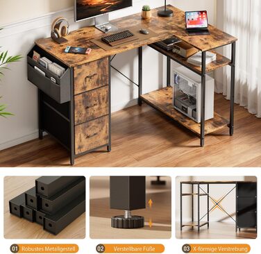 Комп'ютерний стіл HLONONE L-подібний з 3 висувними ящиками для тканини, з полицями та бічною кишенею, для офісу, геймінгу та дому, білий (140 x 80 см, коричневий)