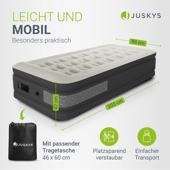 Надувний матрац Juskys самонадувний 150x200 см з вбудованим насосом - 2 місця, для гостей або кемпінгу, водонепроникний, блакитно-білий (сірий, одинарний)