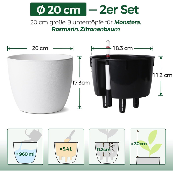 Автоматичні горщики для квітів T4U з індикатором води, 2 шт., 20 см, білий. Підходять для монстери та розмарину, для дому та саду