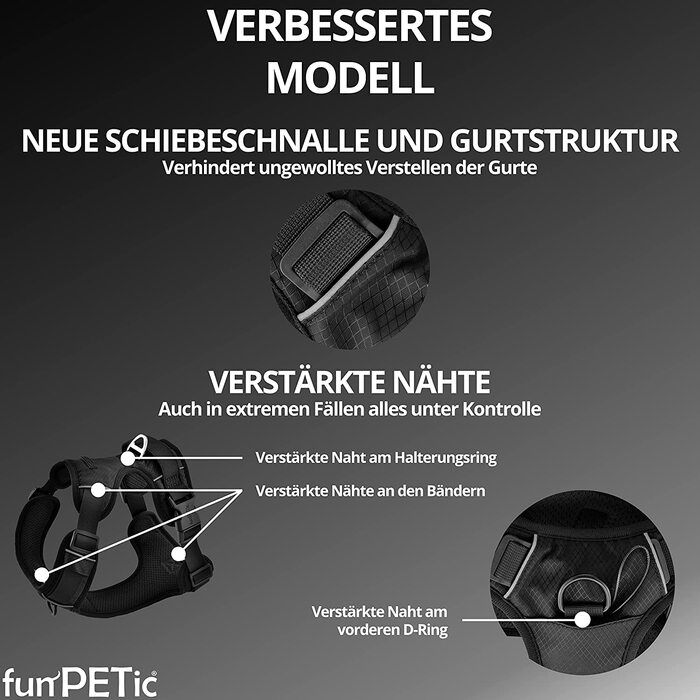 Шлейка для собак funPETic 2022-протиковзка, світловідбиваюча, м'яка і дихаюча-Шлейка для маленьких, середніх і великих собак (XS) Чорний XS