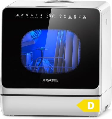 Mini посудомийна машина AIRMSEN з 8+3 програмами, 5л, система пом'якшення води, таймер, дитячий замок, білий/чорний