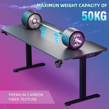 Ігровий стіл Himimi 180x70x80 см з LED підсвічуванням, стільниця з карбону, органайзер для кабелів, тримач для напоїв та кріплення для навушників (Чорний)