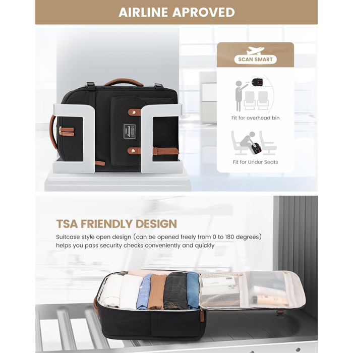 Рюкзак LOVEVOOK для ручної поклажі в літак, жіночий, водонепроникний, універсальний, для ноутбука 17 дюймів, шкільний, для студентів, подорожей, чорний/коричневий, 45x32x15 см