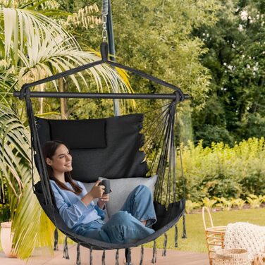 Підвісне крісло-гойдалка з подушкою 100x130x75 см, до 150 кг, для саду та дому, чорне