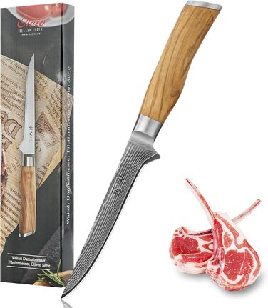 Ніж кухарський Wakoli з дамаської сталі (серцевина VG10) з 20 см лезом – гострий та збалансований – ніж з ручкою з оливкового дерева в подарунковій коробці – ніж кухарський з дамаської сталі для професійних та аматорських кухарів (ніж для обробки м'яса)