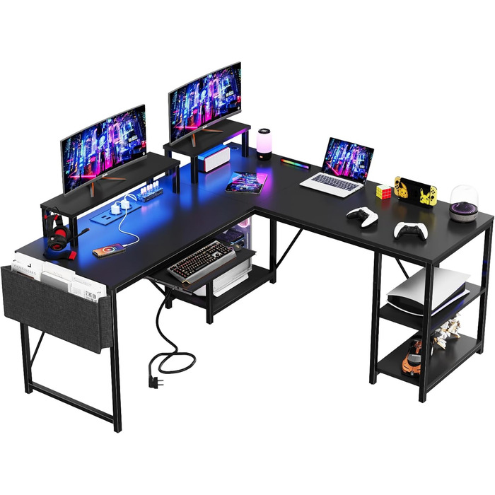 Ігровий стіл Flamaker L-подібний 140x140 см з RGB LED, підставка для монітора та полиця | 2 розетки + 2 USB-порти (вуглецеве волокно, чорний матовий)