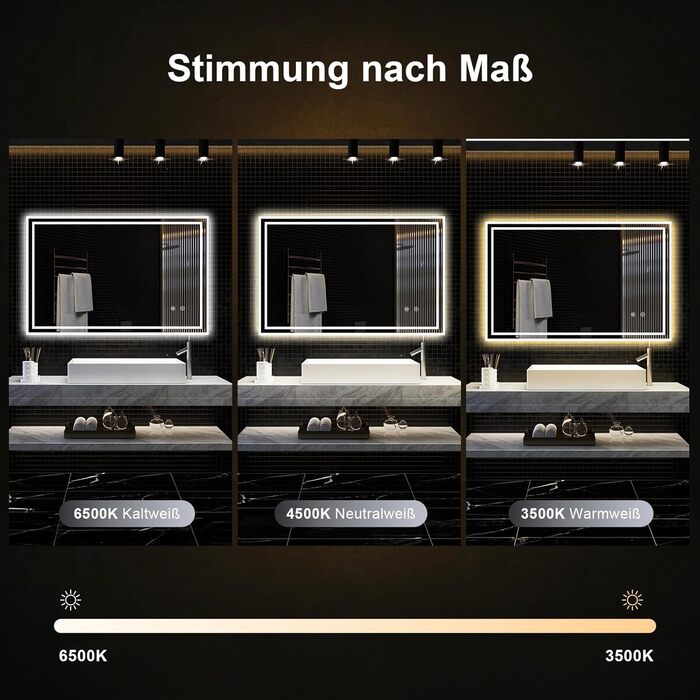 Дзеркало для ванної кімнати Youyijia з підсвічуванням, 70x50 см, антизапітніюче, сенсорне керування, 3 кольори світла, регулювання яскравості, 3500K-6500K