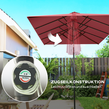 Великий сонцезахисний парасоль, регульована висота, нахил, 150x295x170-214 см, Бордовий