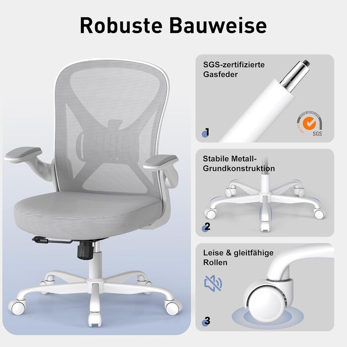 Ергономічне крісло для офісу ZZH з сітчастою спинкою, регульованою поперековою підтримкою та підйомними підлокітниками, дихаючий комп'ютерний стілець для дому з обертанням на 360° та регулюванням висоти, сірий