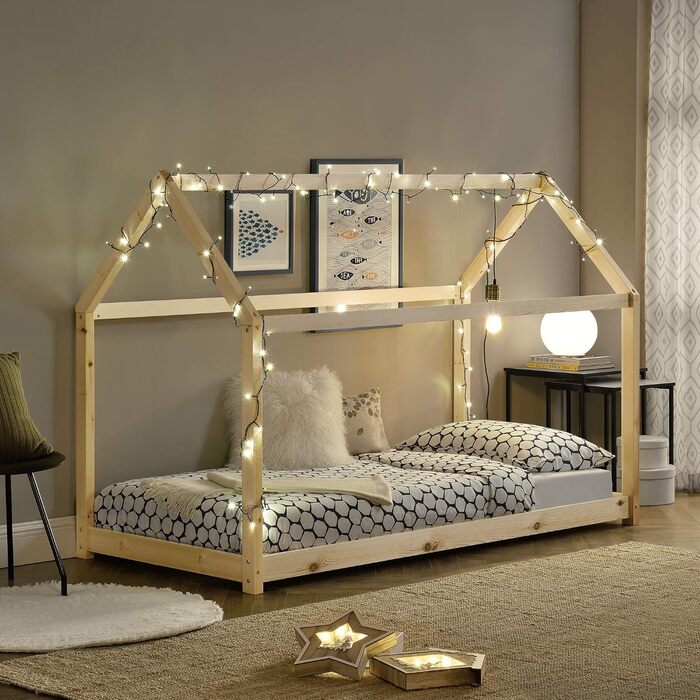 Дитяче ліжко Netstal House ліжко Ліжко з дерев'яної підлоги з сосни для дитячої кімнати з рейковою основою без матраца 90 х 200 см Кольори деревини натуральні