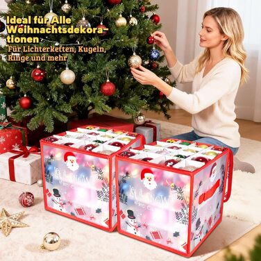 Коробки для прикрас на ялинку 2 шт. з відділеннями, для зберігання ялинкових кулі, з різдвяним малюнком, з відділеннями, з застібкою-блискавкою