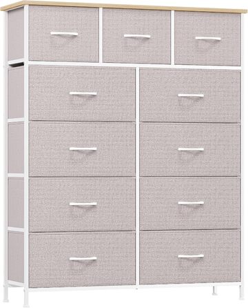 Тумбочка Somdot з висувними ящиками, тканинна тумбочка, тумбочка для спальні, вітальні, коридору, шафа з ящиками, 5 тканинних ящиків, білий колір, штучна шкіра (сірий, 30T x 100B x 118.5H см (11 ящиків))