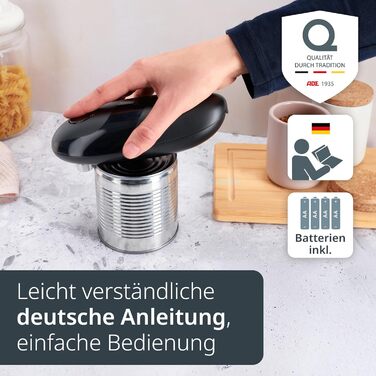 Електричний відкривач банок ADE | для літніх людей | з магнітом та гачком | без гострих країв | з батарейками, чорний