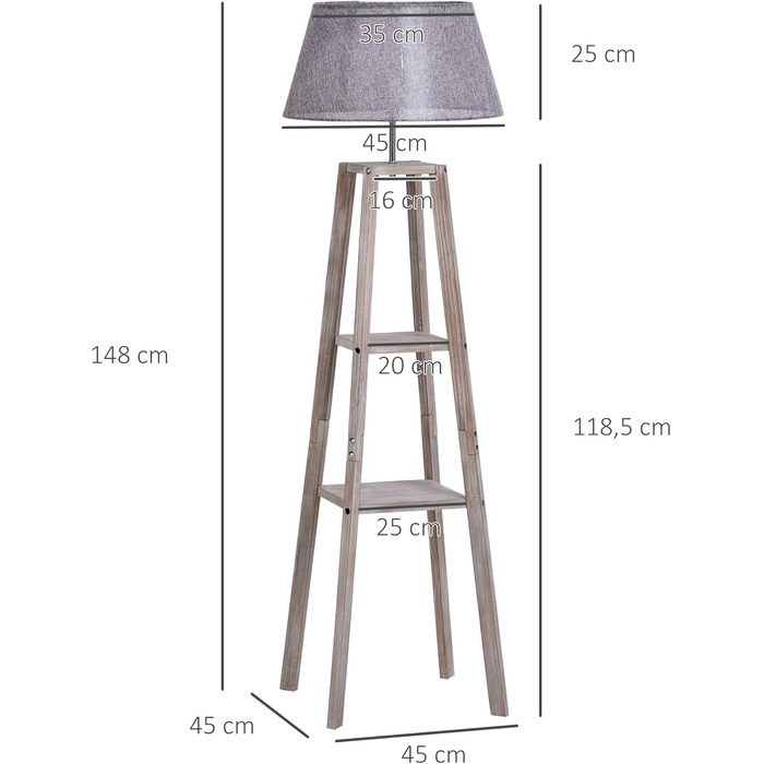 Торшер з полицею HOMCOM, Скандинавський, Льон, Соснове дерево, Натуральний/Сірий, 45x45x148 см