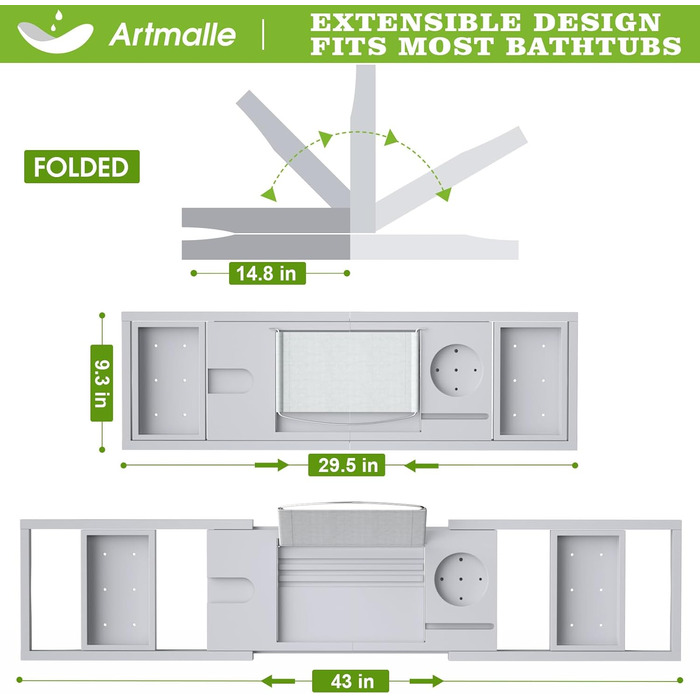 Підставка для ванни Artmalle, складана бамбукова підставка для ванни з тримачем для книги та келиха, безкоштовна мильниця, для розслаблення та читання, натуральний бамбук (сірий, складна)