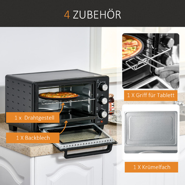 HOMCOM міні-піч 21л, 3 режими приготування, 100°C-230°C, 1400W, нержавіюча сталь та скло, чорний+срібний, 46,4x38x28,5 см | Aosom