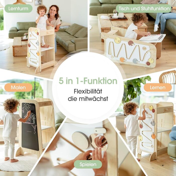 Дитячий навчальний столик-лесенка EXPLORER Kids® 5-в-1 | Монтессорі | Регульована висота, захист від перекидання | Розвиває моторику, вивчення чисел та форм | Дерев'яний, білий та салатовий | Від 1 року