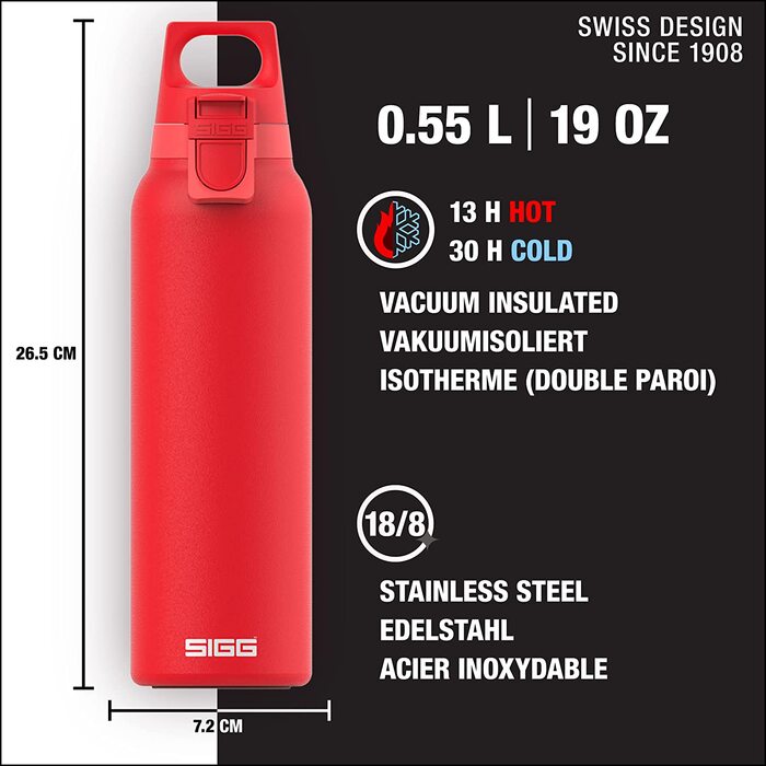 Термальна пляшка для пиття Sigg Hot & Cold ONE Light(0,55 л), що не містить шкідливих речовин і ізольована пляшка для пиття для походів, одноручна відкрита Термальна пляшка з нержавіючої сталі 18/8 (червоного кольору)