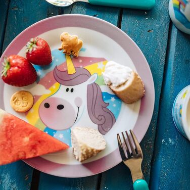 Набір дитячого посуду BIOZOYG з порцеляни (3 шт.): тарілка, чашка, миска з єдинорогом. Безпечний для миття в посудомийній машині. Ідеальний подарунок для дітей!