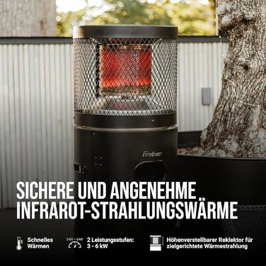 Газовий терасної обігрівач Enders Polo Black 2.0 з регулюванням 3-6 кВт, нержавіюча сталь, ENDUR Reflexionssystem, транспортні колеса, захист від перекидання, чорний