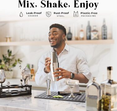 Набір бармена BARE BARREL® Mixology: 16 предметів для приготування коктейлів | Шейкер для Мартіні | Набір барного посуду для дому | 35 рецептів | Подарунковий набір (793.8 г Boston Shaker, срібний/чорний, 28oz)