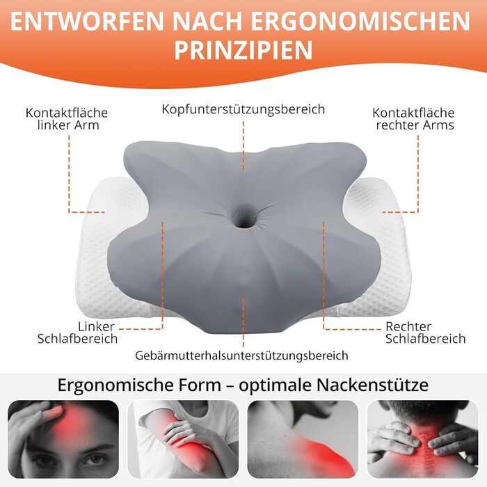 Ортопедична подушка FUNYKICH з піною з пам'яті, сірого кольору, з двома рівнями висоти (11/13 см), дихаюча та пральна, для комфортного сну на боці, спині та животі