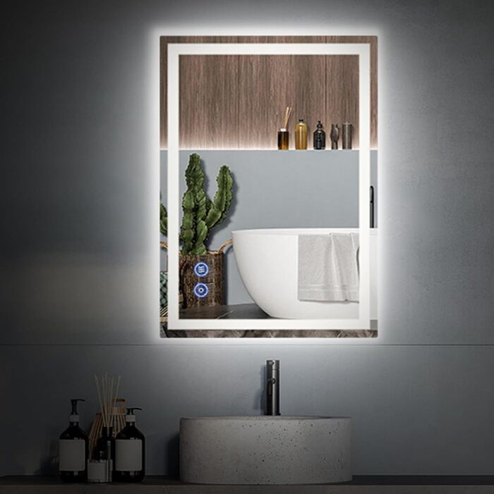 Дзеркало у ванну кімнату з підсвічуванням 50x70 см, сенсорне керування, протитуманне покриття, 3 кольори світла, регулювання яскравості, пам'ять налаштувань, матове покриття, прямокутна форма