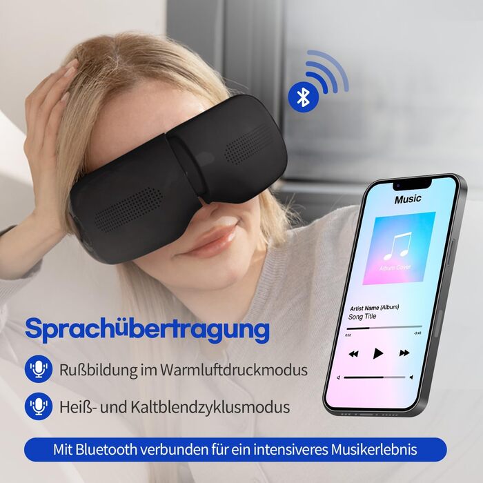 Масажер для очей HubiCare з підігрівом та охолодженням, компресією та вібрацією. Зняття мігрені, сухих очей, втоми. Bluetooth, білий (чорний)