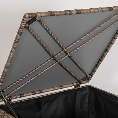 Ящик для подушок з поліротангу, тканинна внутрішня оббивка, легке відкривання/закривання, металевий каркас, 75B x 75T x 70H см, Чорний