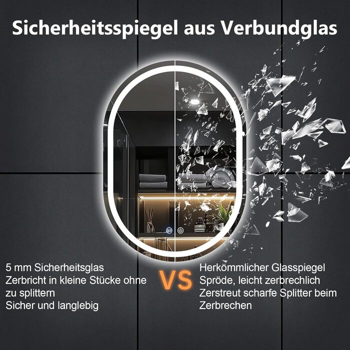 Дзеркало для ванної кімнати з підсвічуванням 50x70 см, овальне, з сенсорним вимикачем, протитуманне, диммер, 3 кольори світла (3500K-6500K)