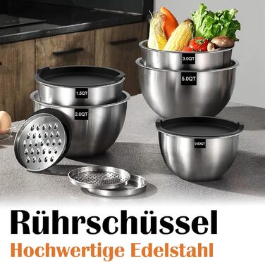 Набір мисок для кухні 5 шт. з нержавіючої сталі з кришками, 4.7л/2.8л/1.9л/1.4л/0.6л. Ідеально для приготування, випічки та зберігання. Складаються одна в одну, можна мити в посудомийній машині. В комплекті тертка.