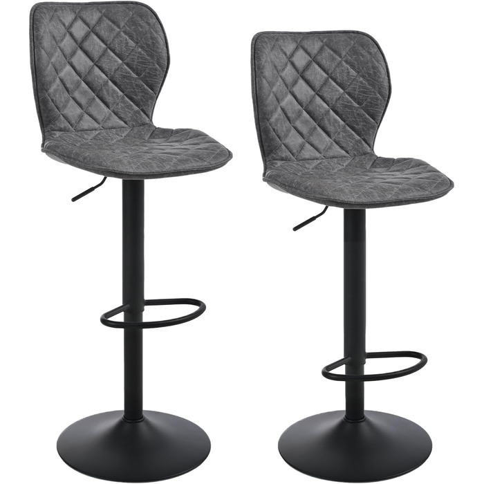 Барний стілець регульований по висоті з підніжкою та спинкою, оббитий PU шкірою, на металевому каркасі, 360° обертання, для кухні, стільниці, їдальні, вітальні (набір 2 шт, чорний)