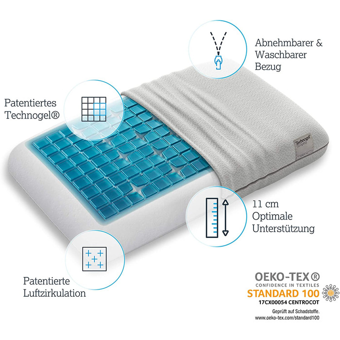Ортопедична подушка для підтримки шиї Technogel Deluxe-запатентована, не містить шкідливих речовин і сертифікована - гелева подушка HWS для сплячих на спині і на боці, в тому числі. Наволочка 66x40x11 см Висота 11 см