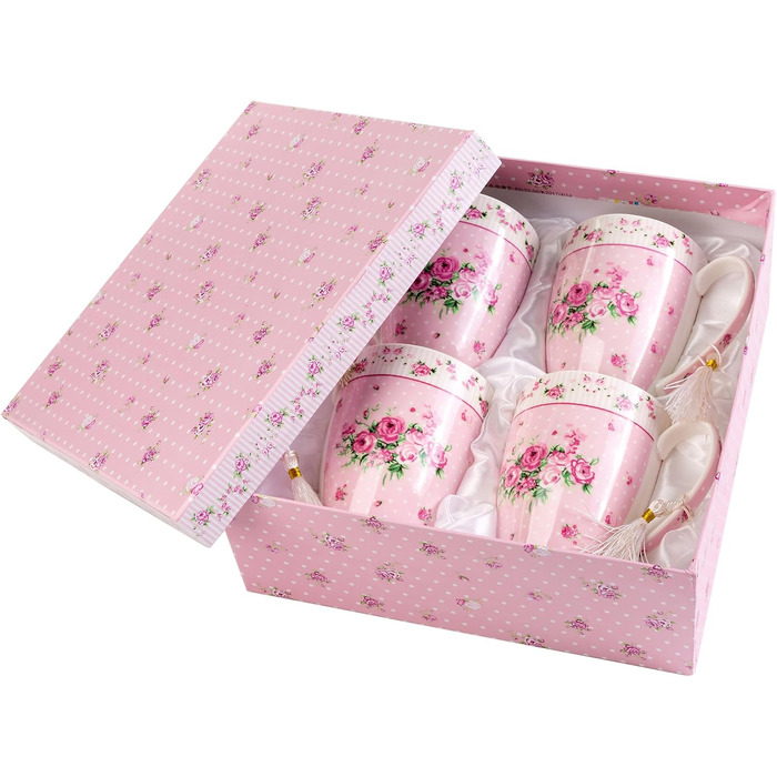 Набір чашок для кави London Boutique K414, рожевий, 330 мл, 4 шт. - кераміка, вінтажний стиль, для подарунка