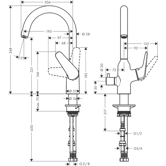 Змішувач для кухні Hansgrohe із запірним клапаном приладу (змішувач для кухні можна повертати на 110 або 360, вилив високого комфорту 220 мм, стандартні підключення) Хром